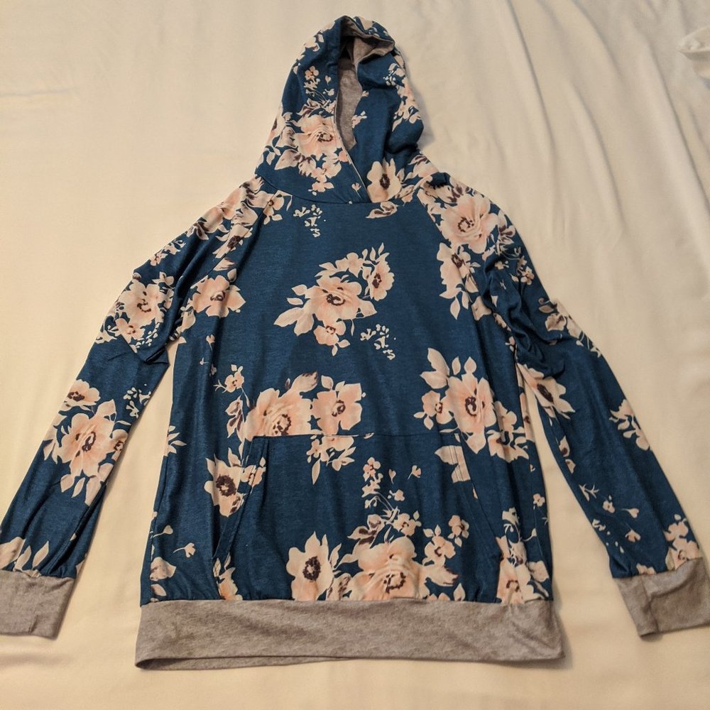 Blue, gray, & pink floral hooded sweatshirt